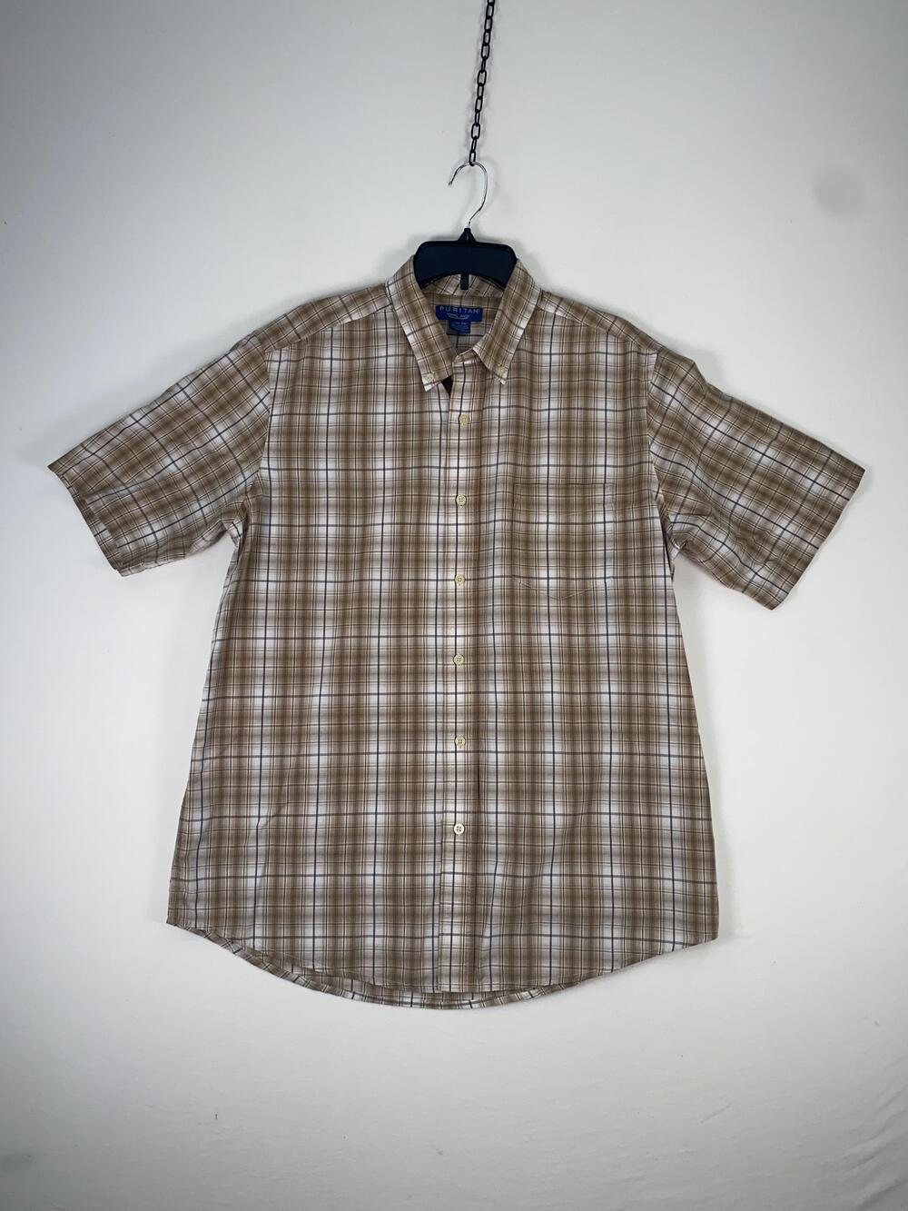 Puritan Shirt Mens Large Beige Plaid Short Sleeve Button Up Cotton Blend Casual